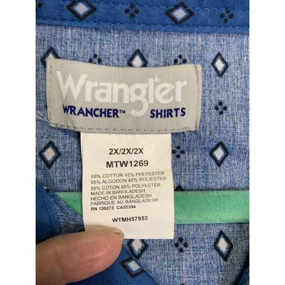 Wrangler Shirt Men 2XL Blue Diamond Geometric Pearl Snap Wrancher Cowboy Ranch - Picture 3 of 6